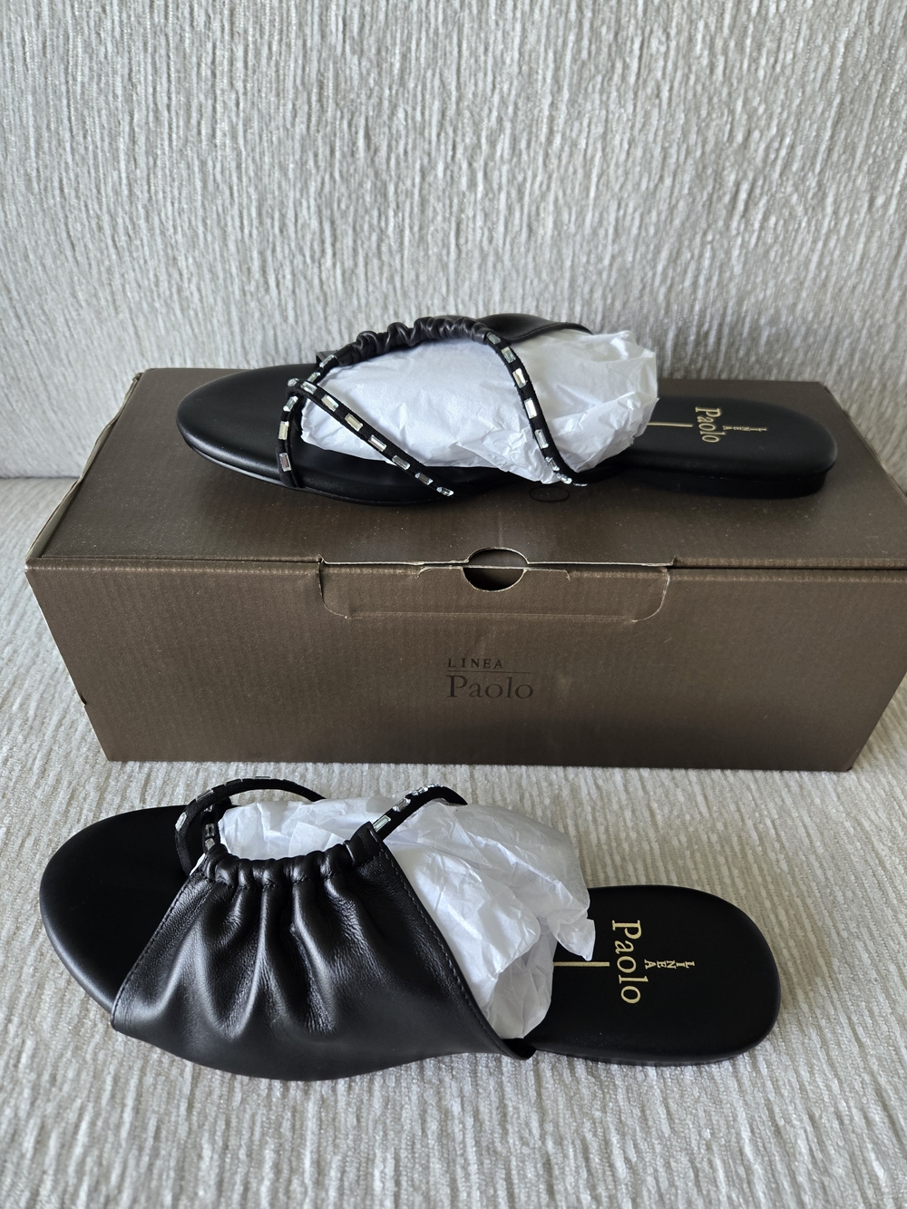Linea Paolo-Lane2 Black Leather Ruched Slip-On Clogs with Beaded Straps
